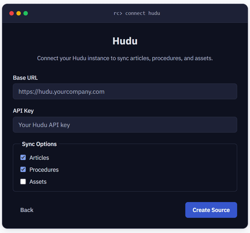 Hudu connection form
